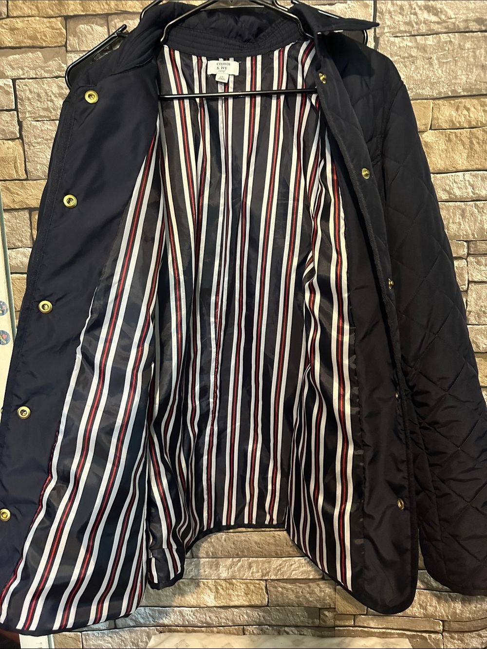 crown & ivy Quilted Navy Puffer Jacket with Gold-Tone Snaps - Picture 4 of 10